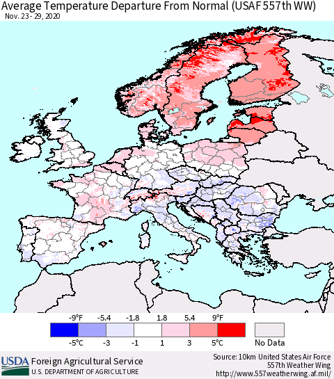 Europe Average Temperature Departure from Normal (USAF 557th WW) Thematic Map For 11/23/2020 - 11/29/2020