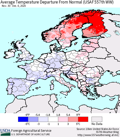 Europe Average Temperature Departure from Normal (USAF 557th WW) Thematic Map For 11/30/2020 - 12/6/2020