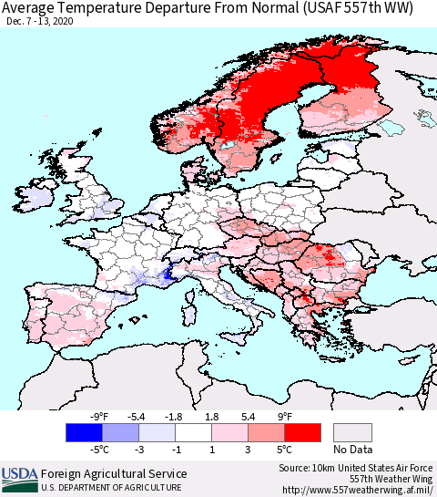 Europe Average Temperature Departure from Normal (USAF 557th WW) Thematic Map For 12/7/2020 - 12/13/2020