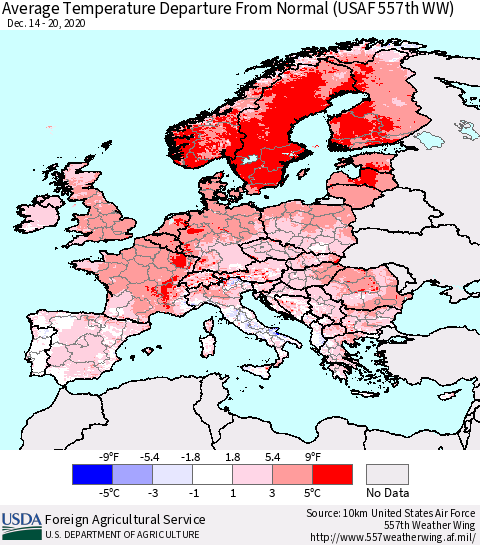 Europe Average Temperature Departure from Normal (USAF 557th WW) Thematic Map For 12/14/2020 - 12/20/2020