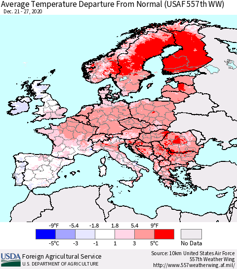 Europe Average Temperature Departure from Normal (USAF 557th WW) Thematic Map For 12/21/2020 - 12/27/2020