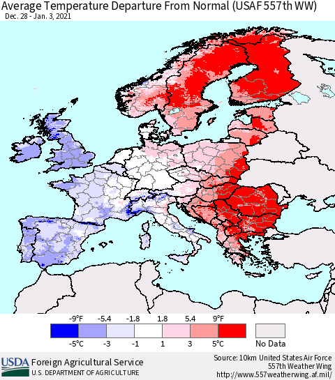 Europe Average Temperature Departure from Normal (USAF 557th WW) Thematic Map For 12/28/2020 - 1/3/2021