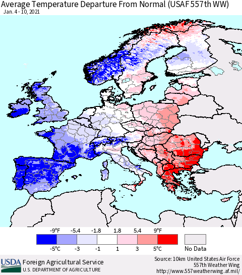 Europe Average Temperature Departure from Normal (USAF 557th WW) Thematic Map For 1/4/2021 - 1/10/2021