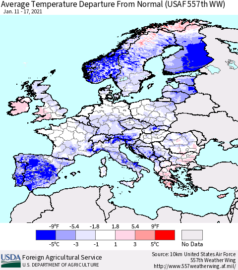 Europe Average Temperature Departure from Normal (USAF 557th WW) Thematic Map For 1/11/2021 - 1/17/2021