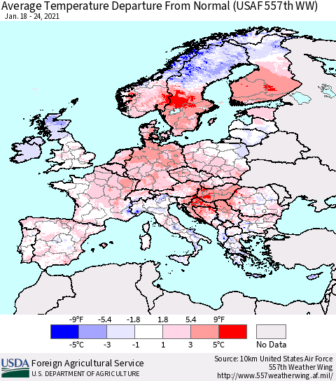 Europe Average Temperature Departure from Normal (USAF 557th WW) Thematic Map For 1/18/2021 - 1/24/2021