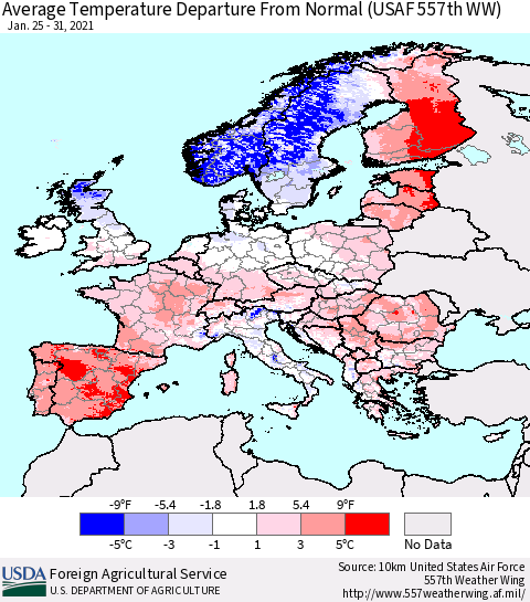 Europe Average Temperature Departure from Normal (USAF 557th WW) Thematic Map For 1/25/2021 - 1/31/2021