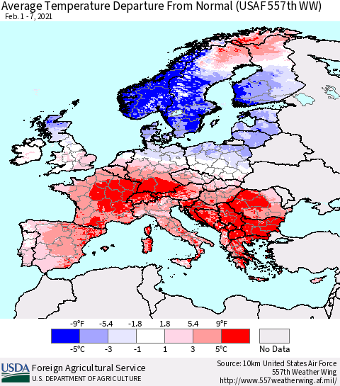 Europe Average Temperature Departure from Normal (USAF 557th WW) Thematic Map For 2/1/2021 - 2/7/2021