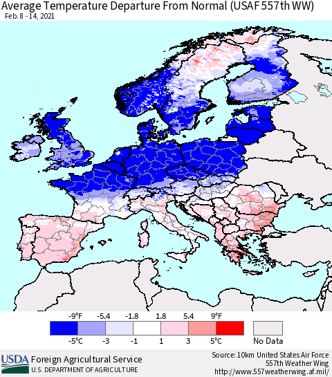 Europe Average Temperature Departure from Normal (USAF 557th WW) Thematic Map For 2/8/2021 - 2/14/2021