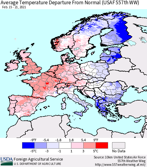 Europe Average Temperature Departure from Normal (USAF 557th WW) Thematic Map For 2/15/2021 - 2/21/2021