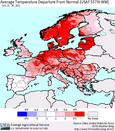Europe Average Temperature Departure from Normal (USAF 557th WW) Thematic Map For 2/22/2021 - 2/28/2021