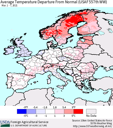 Europe Average Temperature Departure from Normal (USAF 557th WW) Thematic Map For 3/1/2021 - 3/7/2021