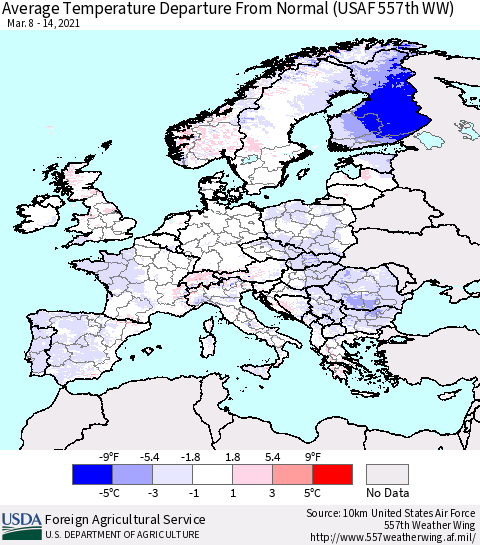 Europe Average Temperature Departure from Normal (USAF 557th WW) Thematic Map For 3/8/2021 - 3/14/2021