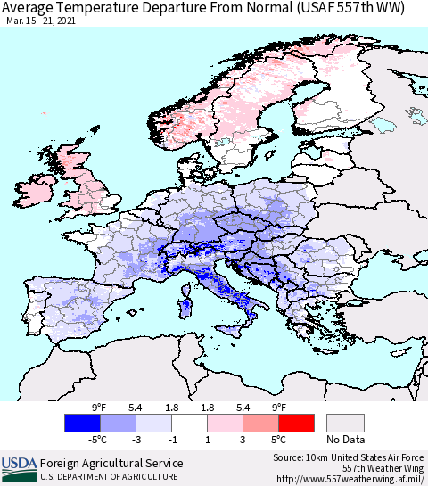 Europe Average Temperature Departure from Normal (USAF 557th WW) Thematic Map For 3/15/2021 - 3/21/2021