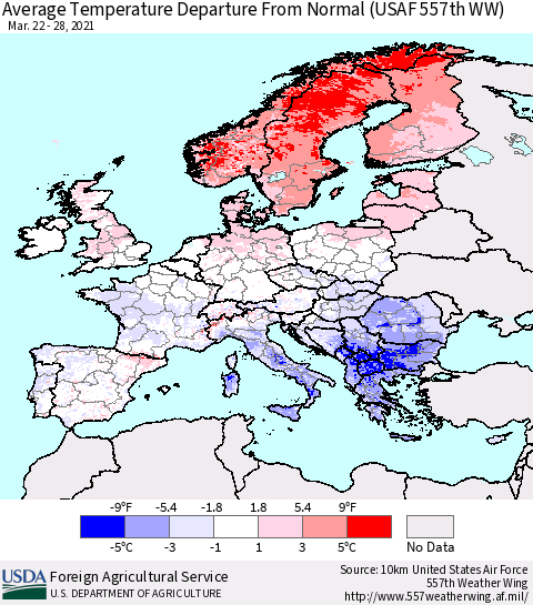 Europe Average Temperature Departure from Normal (USAF 557th WW) Thematic Map For 3/22/2021 - 3/28/2021