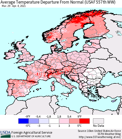 Europe Average Temperature Departure from Normal (USAF 557th WW) Thematic Map For 3/29/2021 - 4/4/2021