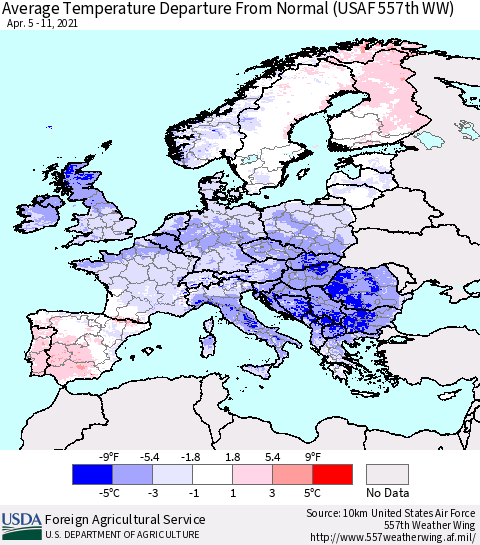Europe Average Temperature Departure from Normal (USAF 557th WW) Thematic Map For 4/5/2021 - 4/11/2021