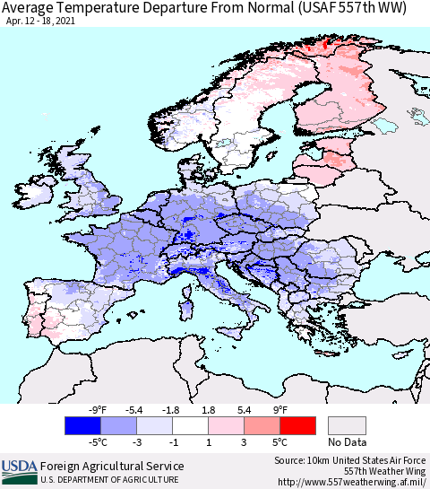 Europe Average Temperature Departure from Normal (USAF 557th WW) Thematic Map For 4/12/2021 - 4/18/2021