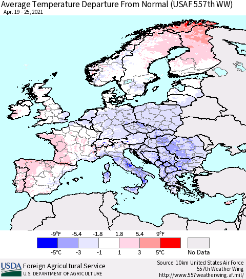 Europe Average Temperature Departure from Normal (USAF 557th WW) Thematic Map For 4/19/2021 - 4/25/2021