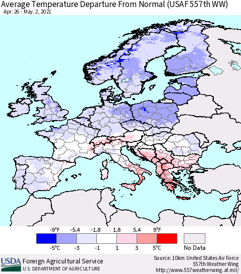 Europe Average Temperature Departure from Normal (USAF 557th WW) Thematic Map For 4/26/2021 - 5/2/2021