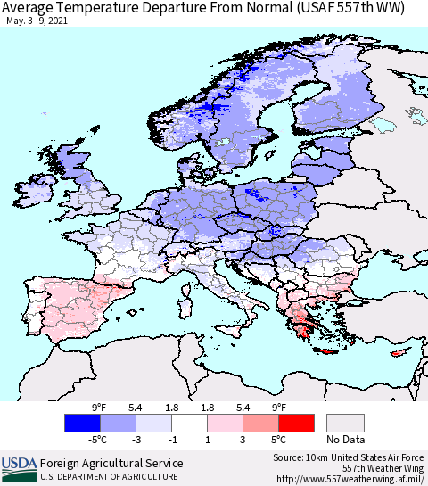 Europe Average Temperature Departure from Normal (USAF 557th WW) Thematic Map For 5/3/2021 - 5/9/2021
