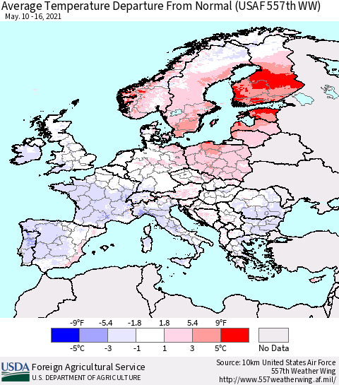 Europe Average Temperature Departure from Normal (USAF 557th WW) Thematic Map For 5/10/2021 - 5/16/2021