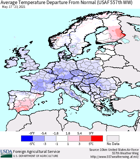 Europe Average Temperature Departure from Normal (USAF 557th WW) Thematic Map For 5/17/2021 - 5/23/2021