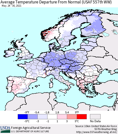 Europe Average Temperature Departure from Normal (USAF 557th WW) Thematic Map For 5/24/2021 - 5/30/2021
