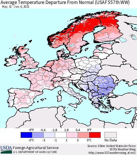 Europe Average Temperature Departure from Normal (USAF 557th WW) Thematic Map For 5/31/2021 - 6/6/2021