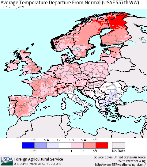 Europe Average Temperature Departure from Normal (USAF 557th WW) Thematic Map For 6/7/2021 - 6/13/2021