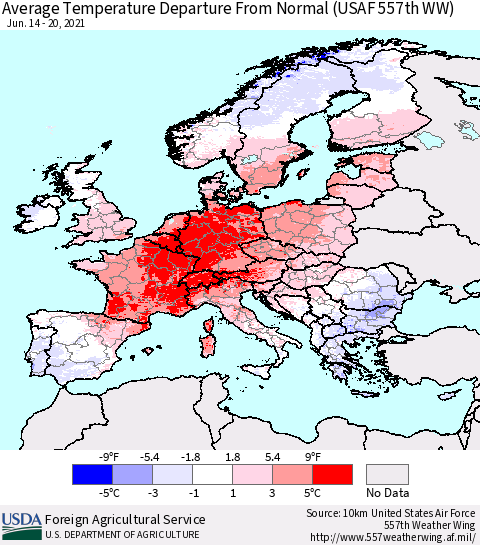 Europe Average Temperature Departure from Normal (USAF 557th WW) Thematic Map For 6/14/2021 - 6/20/2021