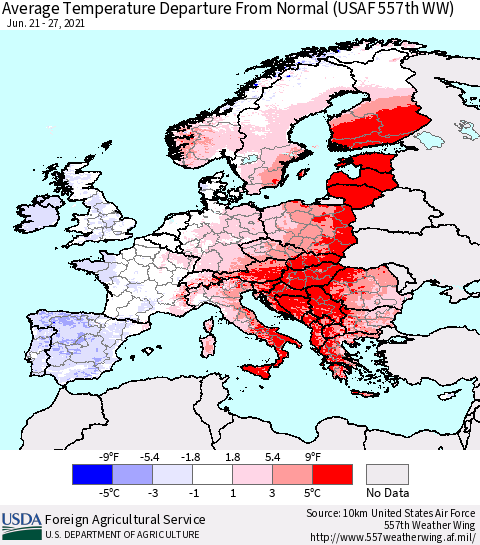 Europe Average Temperature Departure from Normal (USAF 557th WW) Thematic Map For 6/21/2021 - 6/27/2021