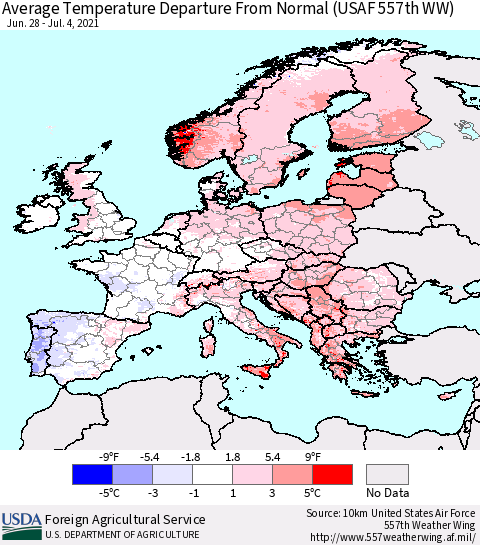 Europe Average Temperature Departure from Normal (USAF 557th WW) Thematic Map For 6/28/2021 - 7/4/2021