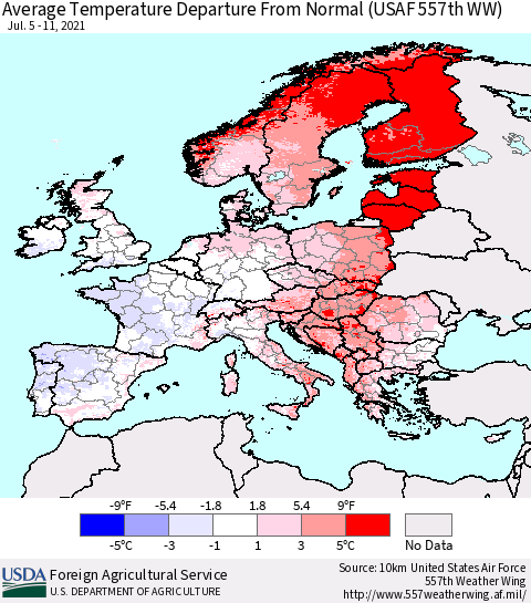 Europe Average Temperature Departure from Normal (USAF 557th WW) Thematic Map For 7/5/2021 - 7/11/2021