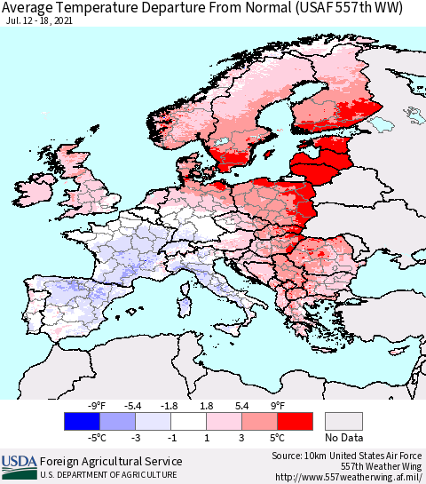 Europe Average Temperature Departure from Normal (USAF 557th WW) Thematic Map For 7/12/2021 - 7/18/2021