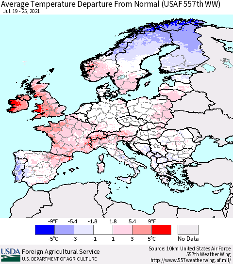 Europe Average Temperature Departure from Normal (USAF 557th WW) Thematic Map For 7/19/2021 - 7/25/2021