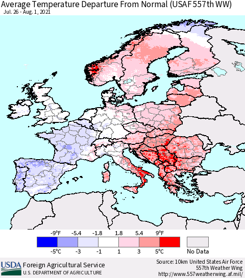 Europe Average Temperature Departure from Normal (USAF 557th WW) Thematic Map For 7/26/2021 - 8/1/2021