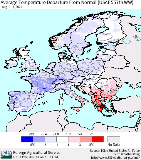 Europe Average Temperature Departure from Normal (USAF 557th WW) Thematic Map For 8/2/2021 - 8/8/2021