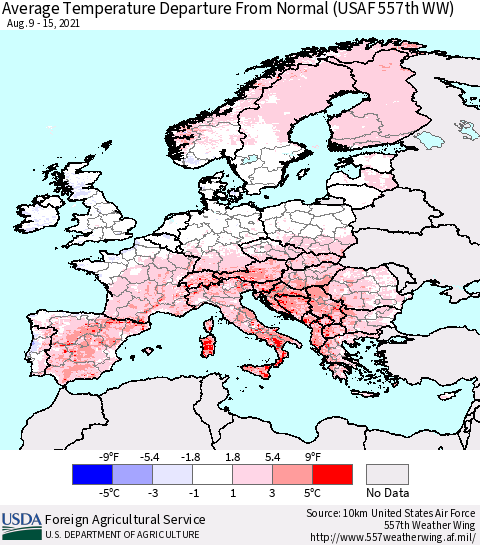 Europe Average Temperature Departure from Normal (USAF 557th WW) Thematic Map For 8/9/2021 - 8/15/2021