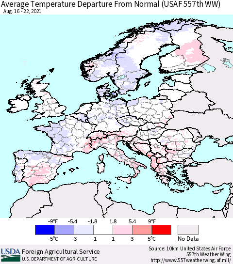 Europe Average Temperature Departure from Normal (USAF 557th WW) Thematic Map For 8/16/2021 - 8/22/2021