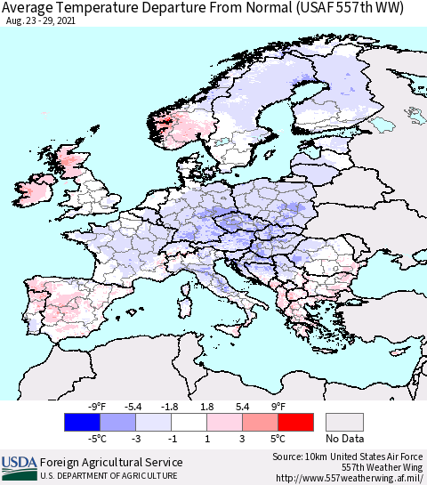Europe Average Temperature Departure from Normal (USAF 557th WW) Thematic Map For 8/23/2021 - 8/29/2021