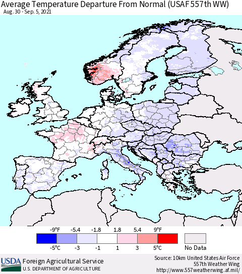 Europe Average Temperature Departure from Normal (USAF 557th WW) Thematic Map For 8/30/2021 - 9/5/2021