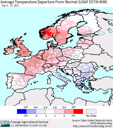 Europe Average Temperature Departure from Normal (USAF 557th WW) Thematic Map For 9/6/2021 - 9/12/2021