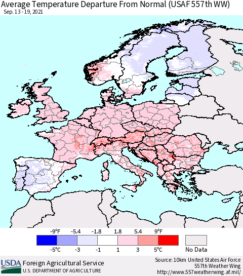 Europe Average Temperature Departure from Normal (USAF 557th WW) Thematic Map For 9/13/2021 - 9/19/2021