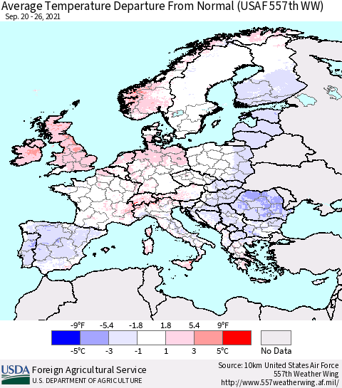 Europe Average Temperature Departure from Normal (USAF 557th WW) Thematic Map For 9/20/2021 - 9/26/2021