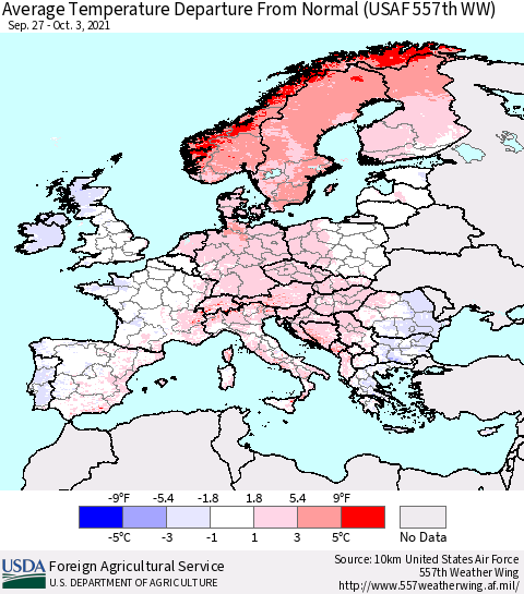 Europe Average Temperature Departure from Normal (USAF 557th WW) Thematic Map For 9/27/2021 - 10/3/2021
