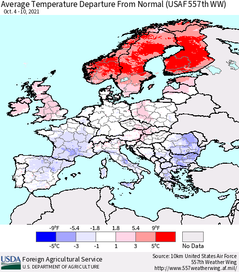 Europe Average Temperature Departure from Normal (USAF 557th WW) Thematic Map For 10/4/2021 - 10/10/2021