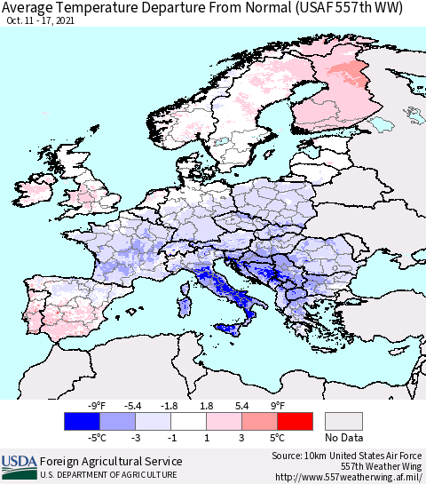 Europe Average Temperature Departure from Normal (USAF 557th WW) Thematic Map For 10/11/2021 - 10/17/2021