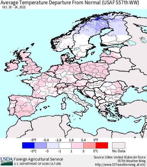 Europe Average Temperature Departure from Normal (USAF 557th WW) Thematic Map For 10/18/2021 - 10/24/2021