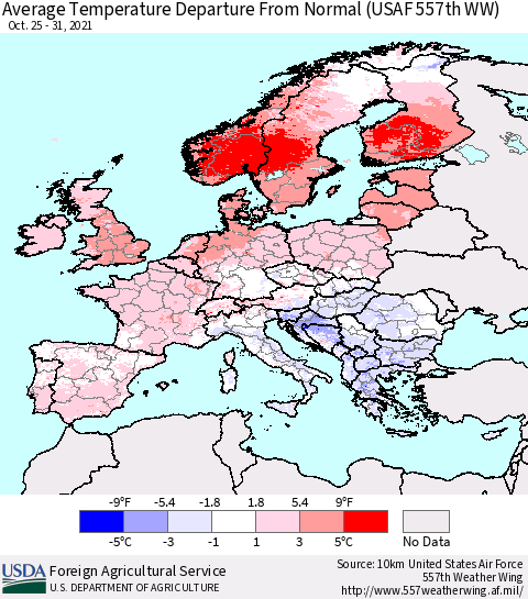Europe Average Temperature Departure from Normal (USAF 557th WW) Thematic Map For 10/25/2021 - 10/31/2021