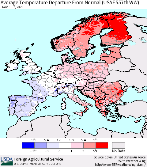 Europe Average Temperature Departure from Normal (USAF 557th WW) Thematic Map For 11/1/2021 - 11/7/2021